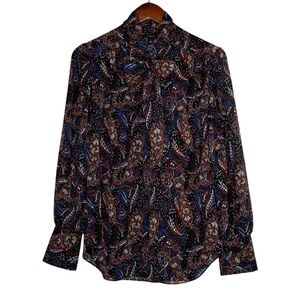 Loft Paisley Blouse Dark Floral Multicolor Top Bow High Neck Burgundy SZ Medium